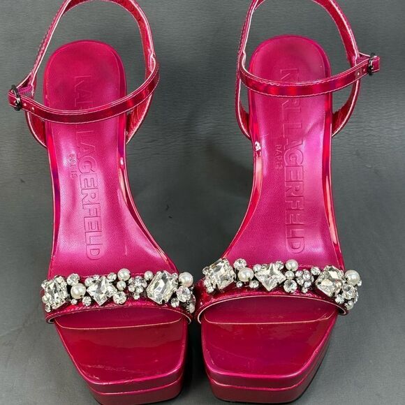 KARL LAGERFELD PARIS Women's Jala Embellished Ankle-Strap Sandals size 10 - Picture 4 of 11